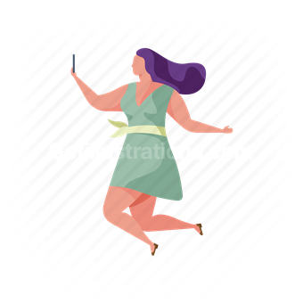 mobile, device, woman, jump, selfie, smartphone